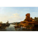 WATSON, E. (engl. Maler/in 19. Jahrhundert), "Boot und Fähre auf Fluss vor Burgruine" - фото 1