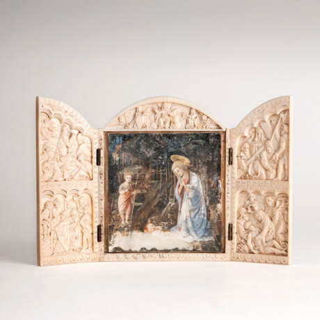 ''Kleines Elfenbein-Triptychon 'Maria in Anbetung des Kindes''' - Foto 1