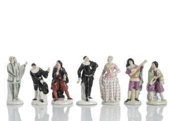 Sieben Figuren aus einer Folge der Commedia dell’Arte