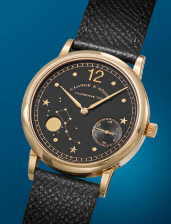 A. LANGE & S&#214;HNE. A VERY RARE AND HIGHLY ATTRACTIVE 18K PINK GOLD LIMITED EDITION ASTRONOMICAL WRISTWATCH WITH MOON PHASES, MADE TO COMMEMORATE THE 150TH ANNIVERSARY OF EMIL LANGE`S BIRTH - photo 2