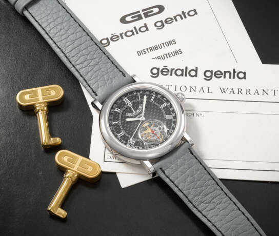 GERALD GENTA. AN ATTRACTIVE 18K WHITE GOLD TOURBILLON WRISTWATCH WITH DATE AND POWER RESERVE INDICATION - photo 3
