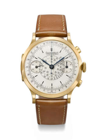 EBERHARD. A LARGE AND ATTRACTIVE 18K GOLD SINGLE-BUTTON CHRONOGRAPH WRISTWATCH WITH MULTISCALE DIAL AND STOP/START/LOCK DEVICE - photo 1
