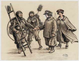 Emanzipation. Schornsteinfegerinnen begegnen Chauffeuse und Kutscherin. 1916