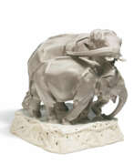 KPM - Royal Porcelain Manufactory Berlin. LARGE GROUP WITH TWO PORCELAIN ELEPHANTS ON BAMBOO PEDESTAL