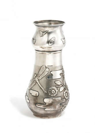 SILVER VASE WITH CHRYSANTHEMUMS AND DRAGONFLIES - photo 1