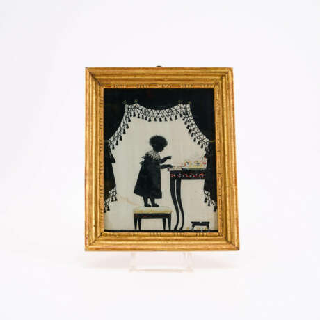Hinterglasbild mit Dame am Schreibtisch & Hinterglasbild mit kleinem Kind in Buch lesend als Silhouettendarstellungen - Foto 4