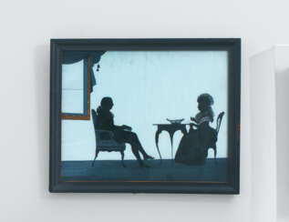 GLASS PAINTING WITH WOMAN FROM SPANGENBERG AND MAN FROM WITTKEN AS SILHOUETTES