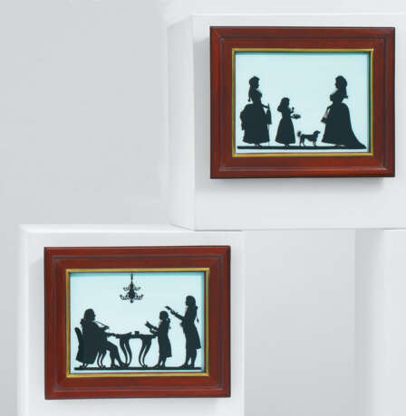 A PAIR OF GLASS PAINTINGS "FATHER WTH SONS" AND "MOTHER WITH DAUGHTERS" AS SILHOUETTE DEPICTIONS - фото 1