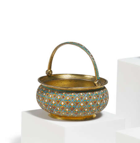 SILVER SUGAR BOWL WITH HINGED HANDLE & CLOISONNÉ DECOR - photo 1