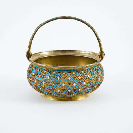 SILVER SUGAR BOWL WITH HINGED HANDLE & CLOISONNÉ DECOR - photo 3