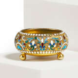 SMALL SILVER GLASS SALT CONTAINER ON BUN FEET WITH CLOISONNÉ DECOR - photo 1