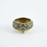SMALL SILVER GLASS SALT CONTAINER ON BUN FEET WITH CLOISONNÉ DECOR - photo 4