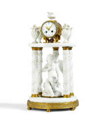 EXCEPTIONAL PORCELAIN PENDULUM WITH CUPID UNDER BALDACHIN