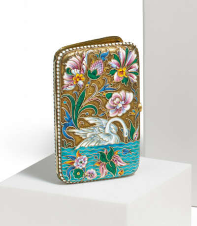 SILVER CIGARETTE CASE WITH SWAN DECOR IN CLOISONNÉ - фото 2