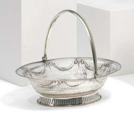 OVAL SILVER GEORGE III SERVING BASKET WITH CLOTH DRAPERY AND ROSETTES