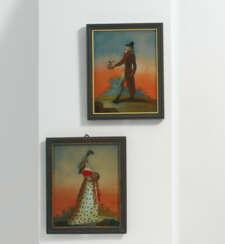 A PAIR OF GLASS PAINTINGS WITH ELEGANT MAN, A LETTER IN HAND, AND ELEGANT WOMAN WITH MUFF