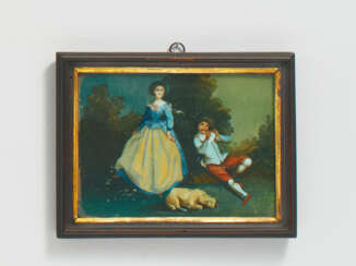 SMALL GLASS PAINTING WITH SHEPHERD COUPLE