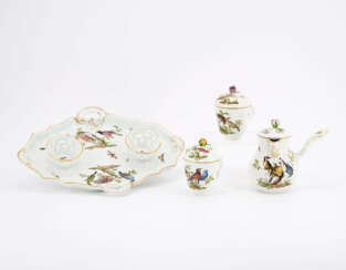 PORCELAIN DOUBLE TURNSTILE WITH TWO LIDDED CUPS AND CHOCOLATE JUG WITH BIRD DECORATION