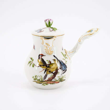 PORCELAIN DOUBLE TURNSTILE WITH TWO LIDDED CUPS AND CHOCOLATE JUG WITH BIRD DECORATION - photo 9