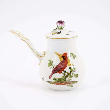 PORCELAIN DOUBLE TURNSTILE WITH TWO LIDDED CUPS AND CHOCOLATE JUG WITH BIRD DECORATION - photo 11
