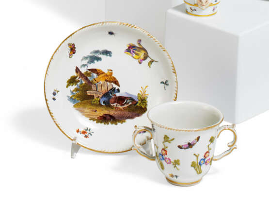 PORCELAIN DOUBLE-CROWN TEACUP & SAUCER WITH FLOWERS AND BIRDS - photo 1