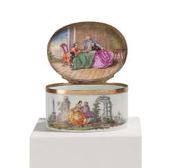 OVAL PORCELAIN TABATIERE WITH FINE WATTEAU SCENES AND PLAYING SCENE