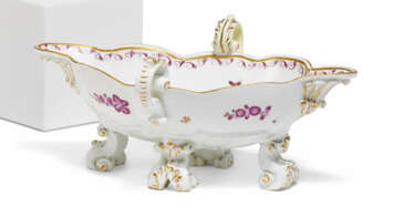 PORCELAIN SAUCE BOAT WITH MYTHICAL CREATURE IN PURPLE CAMAIEU