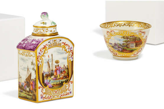 PORCELAIN TEA CADDY WITH MERCHANT SCENES AND TEA BOWL WITH LANDSCAPE PAINTING IN MOST DELICATE CARTOUCHES - photo 1