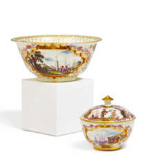 PORCELAIN SUGAR BOWL AND RINSING CUP WITH ELABORTAE MERCHANT SCENES AND LANDSCAPES