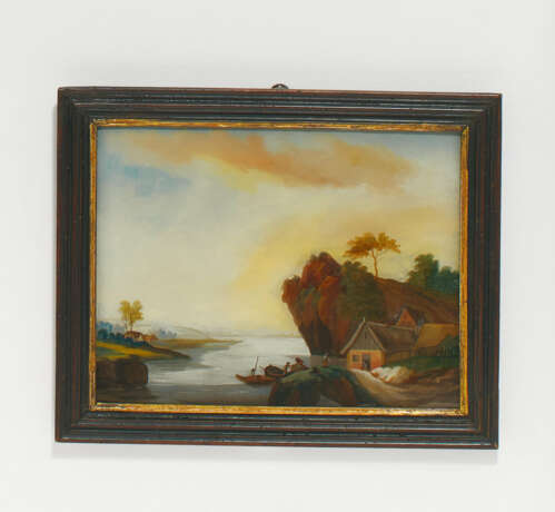 SMALL GLASS PAINTING WITH IDYLLIC RIVER LANDSCAPE - photo 1