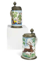 WALZENKRUG TANKARD WITH DEER HUNT AND "WALKZENKRUG" TANKARD WITH HUNTER AND HIS DOG