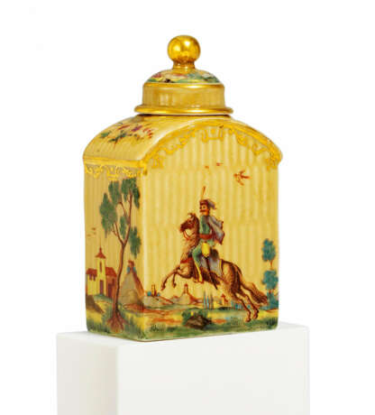 PORCELAIN TEA CADDY WITH HUSSAR ON A HORSE IN LANDSCAPE - photo 1