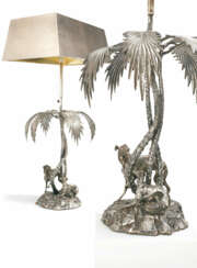 PAIR OF UNIQUE METAL TABLE LAMPS WITH PALM TREES AND GREYHOUNDS