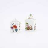 PORCELAIN TEA CADDY WITH COUPLES IN LANDSCAPE AND TEA CADDY WITH WOODCUT FLOWERS & INSECTS - photo 1