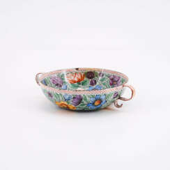 SMALL COPPER DOUBLE-HANDLE BOWL WITH FLORAL ENAMEL DECOR