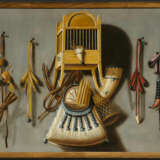 Trompe l'oeil mit Vogelkäfig, Jagdhorn und Tasche - Foto 2