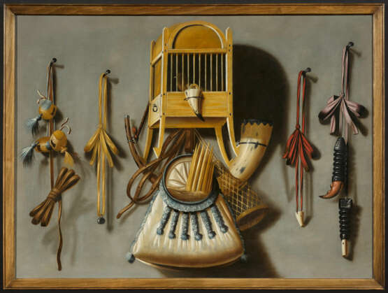Trompe l'oeil mit Vogelkäfig, Jagdhorn und Tasche - Foto 2