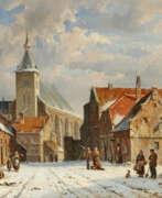 Overview. Wintery Snow-Covered Street in a Dutch Town