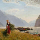 Mädchen mit Birkenreisig im sommerlichen Fjord - Foto 1