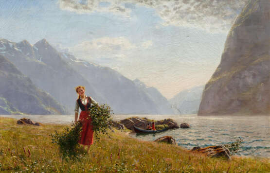 Mädchen mit Birkenreisig im sommerlichen Fjord - Foto 1