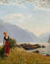 Mädchen mit Birkenreisig im sommerlichen Fjord