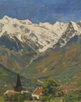 Mountain Valley in front of a Snowy Mountain Massif