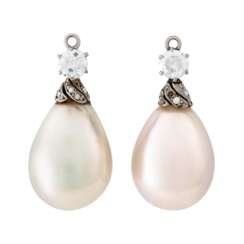 PAIR OF NATURAL PEARL AND DIAMOND PENDANTS