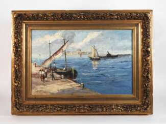 Georges Lapchine, Fischerboote vor Stadtkulisse 