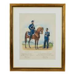 Chromolithographie de l`uniforme russe de l`equipe de gendarmerie des districts militaires en 1867. 