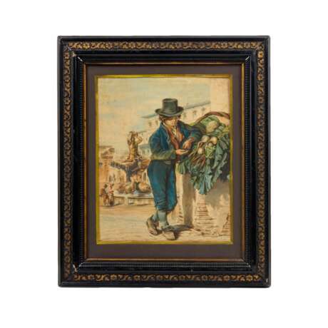 Aquarelle Jeune vendeuse de legumes dans les rues de Rome. watercolor realism 19th century - photo 1