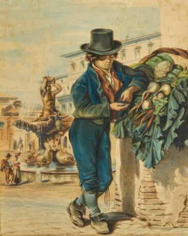Aquarelle Jeune vendeuse de legumes dans les rues de Rome. watercolor realism 19th century - photo 2