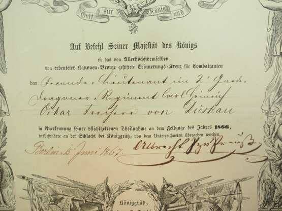 Preussen: Eisernes Kreuz, 1870, 2. Klasse mit Eichenbruch "25", Prinzengröße, mit Urkunde für einen Premier-Lieutenant im 2. Garde-Dragoner-Regiment, komm. als Ordonanz-Offizier beim Ober-Kommando der II. Armee… - photo 3