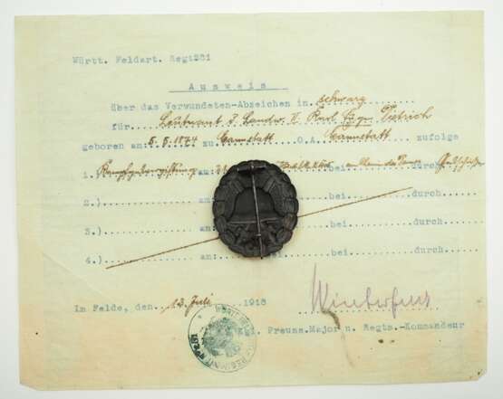 Deutsches Reich: Verwundetenabzeichen, 1918, der Armee, Schwarz, mit Urkunde für einen Leutnant d. Landwehr II. im Württ. Feldart. Regt. 281. - photo 2