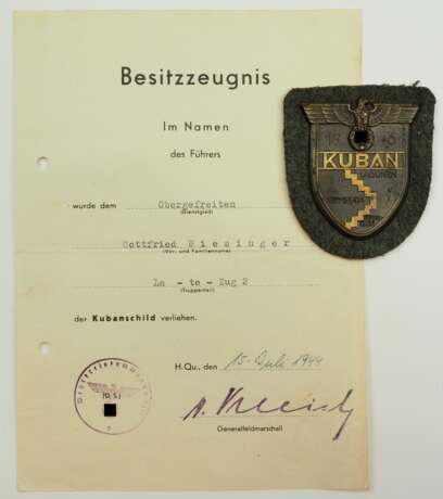 Kubanschild mit Urkunde für einen Obergefreiten der La-te-Zug 2. - photo 1
